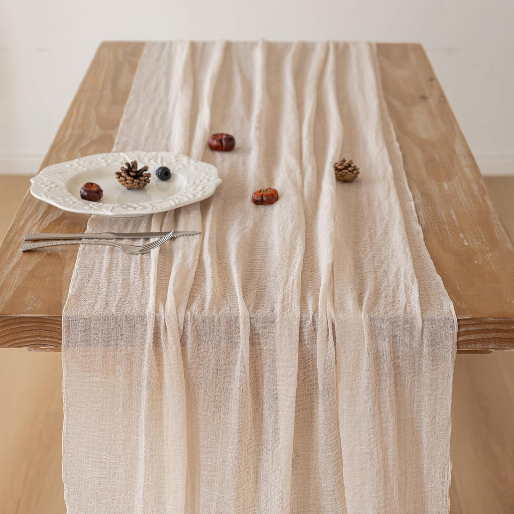 6Pcs Beige Gauze Rustic Cheesecloth Table Runner 120 Inch 10 FT for Wedding Baby Shower Bridal Shower Birthday Engagement Garden Outdoor Party Long Sheer Boho Decorations