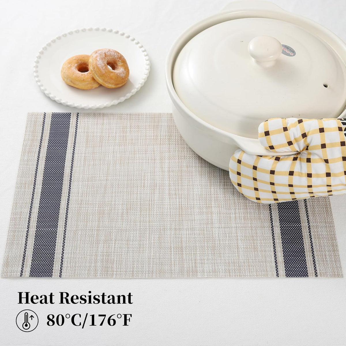 Leetaltree Khaki-Blue Placemats, Heat Resistant Non-Slip Place mats for Dining Table, Washable Durable PVC Vinyl Woven Table Mats (Set of 4)