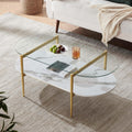 Oval Coffee Table, Mid-Century Modern Design, L41 x W21 x H17 inch, for Living Room, Clear Glass Top, White Marble Finish Wood Shelf & Gold Finish Frame