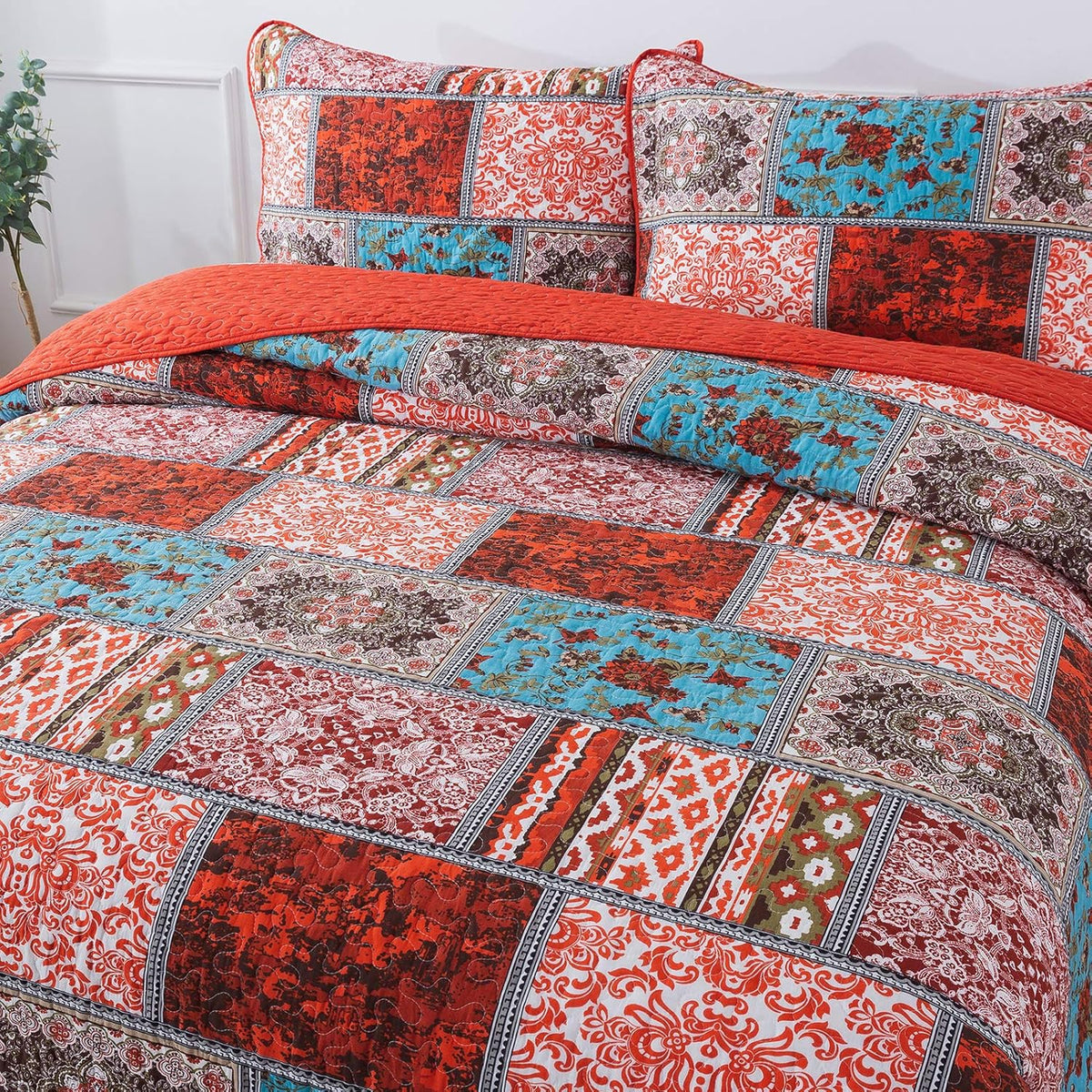 NEWLAKE Cotton Bedspread Quilt Sets-Reversible Patchwork Coverlet Set, Mediterranean Classic Bohemian Pattern,Queen Size