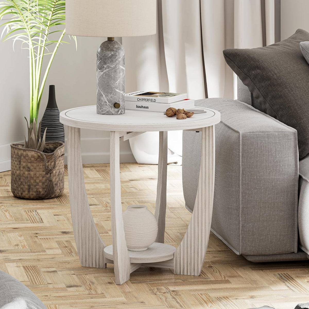 Rustic Farmhouse end Table X 2P with Storage Shelf, French Country Accent Side Table for Family, Dinning or Living Room, Small Spaces, Modern, Round, White