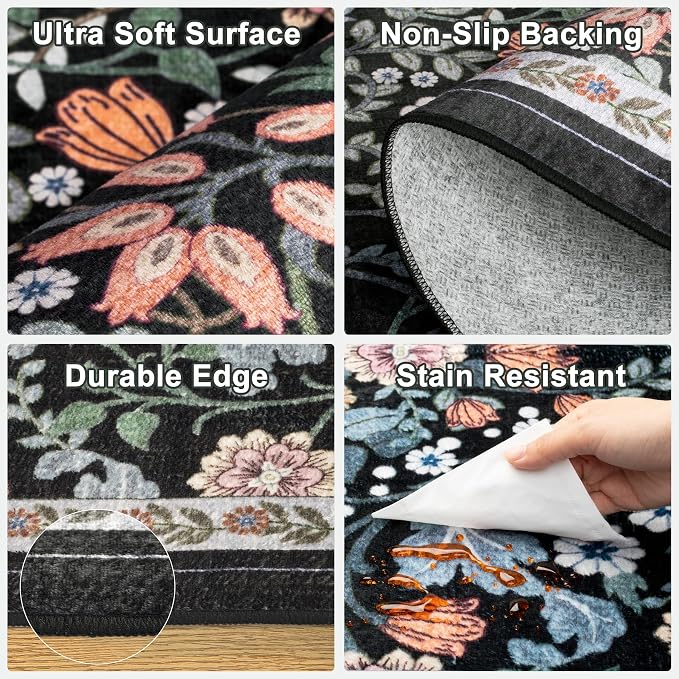 PLHXFR 2x3 Small Entryway Rug: Floral Washable Indoor Carpet Dark Black | - Image 7