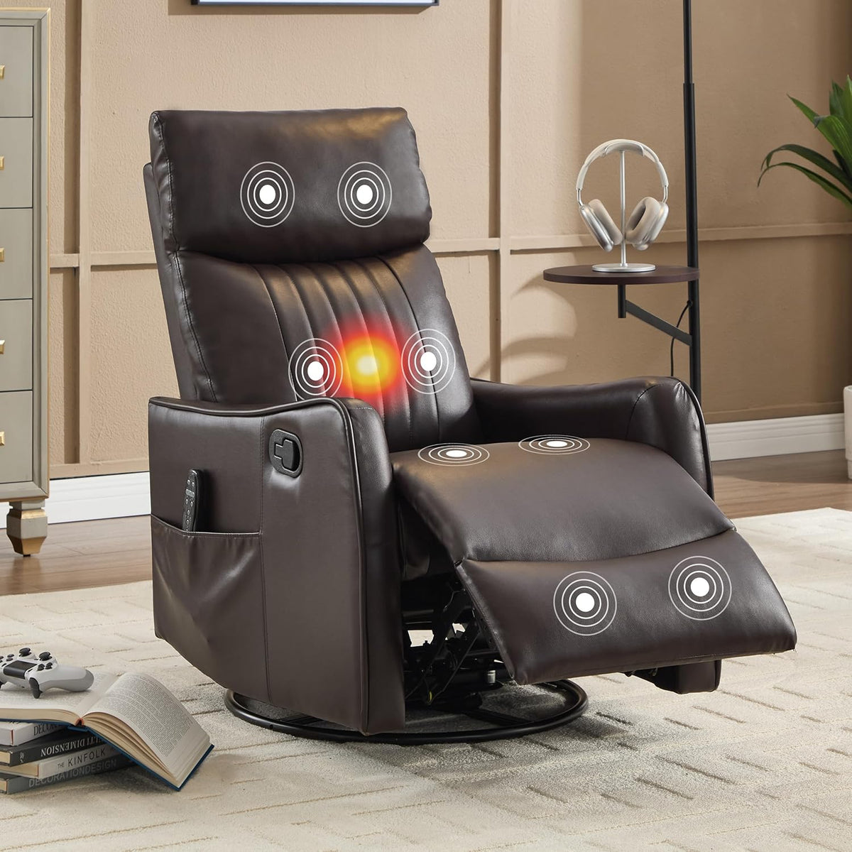 Manual Swivel Rocker Recliner Chair for Adults, Overstuffed Reclining Glider Chair for Nursing with Vibration Massage & Heat, Living Room Rocking Recliner 2-Stage backrest, Faux Leather Brown