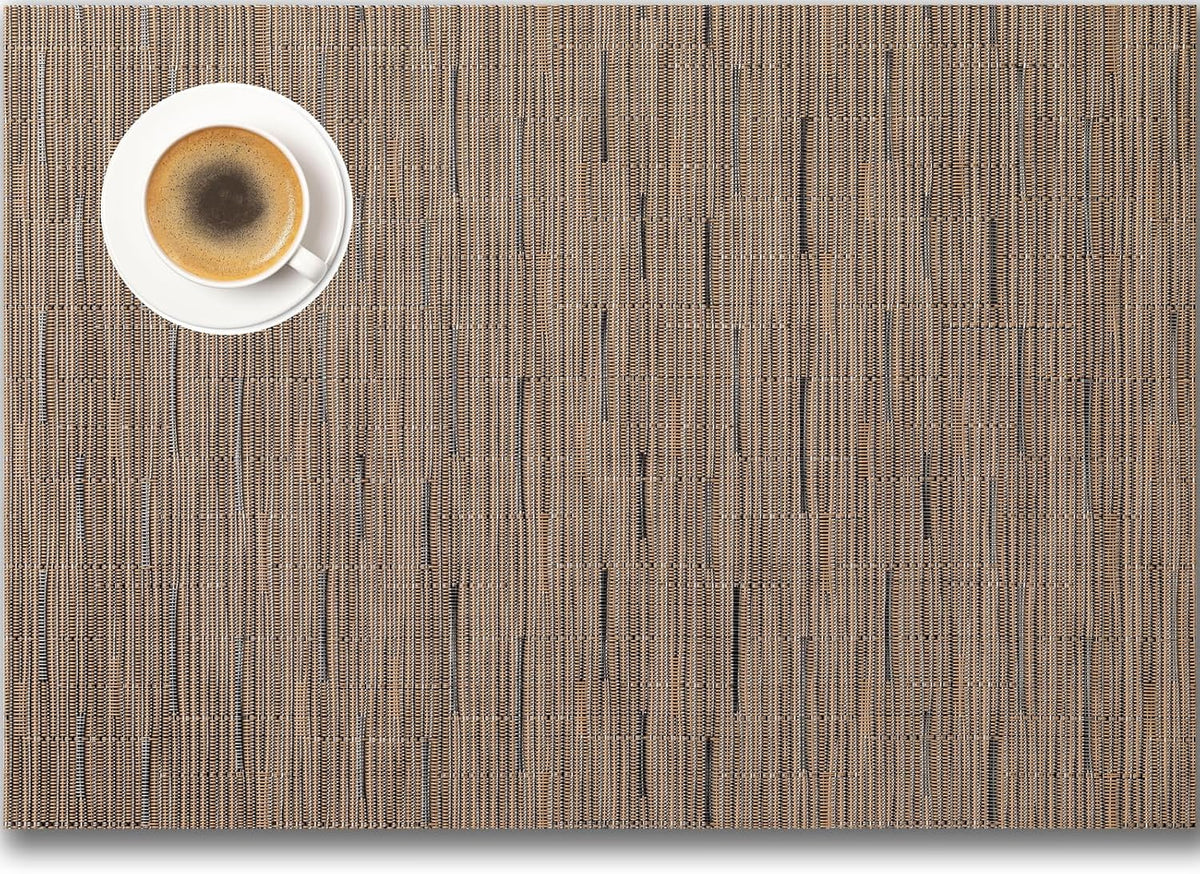 Placemats Set of 12 - Easy Clean Woven Vinyl Placemats for Dining Table, Indoor/Outdoor Place Mats, Washable PVC Table Mats （Light Brown）