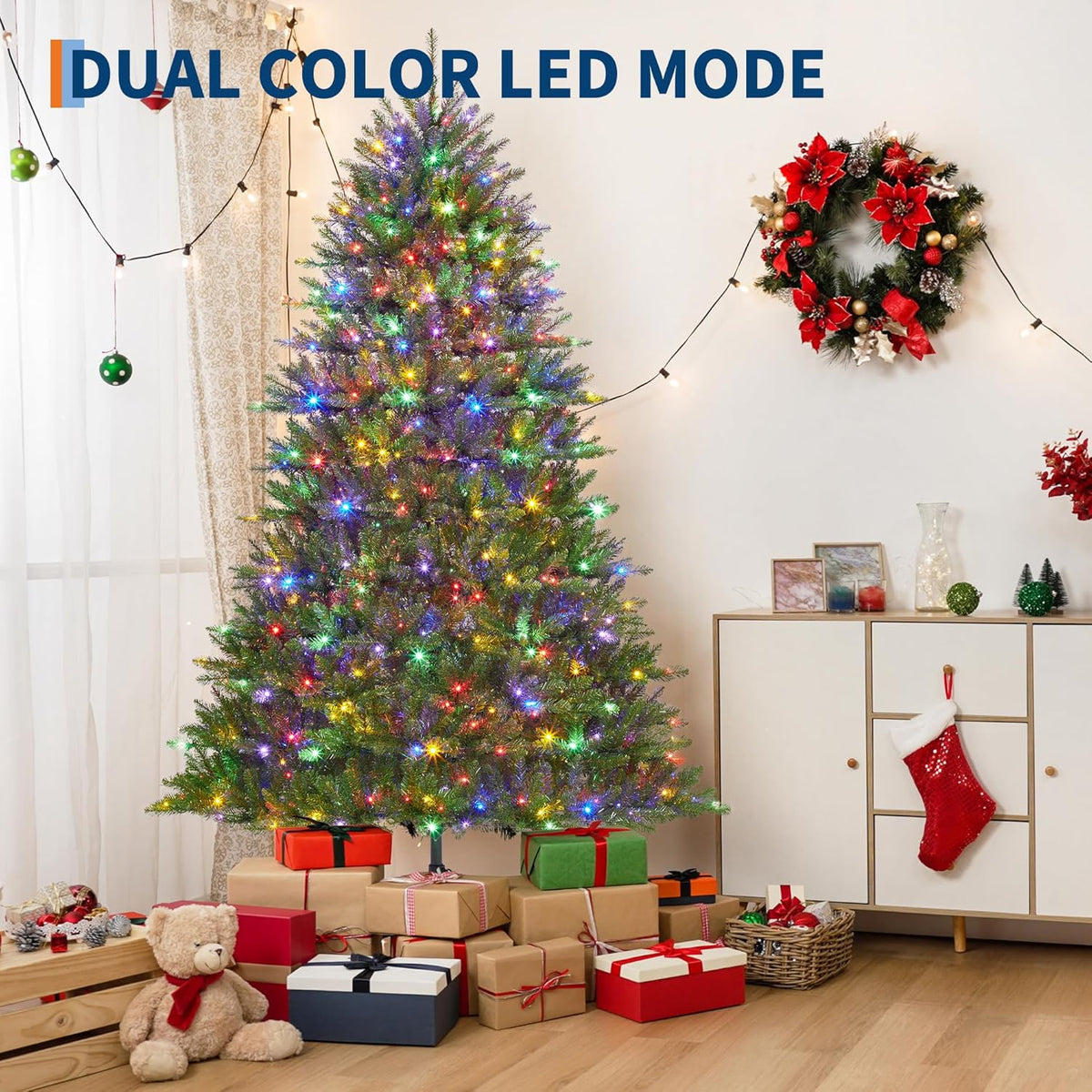7.5FT Pre-Lit Artificial Christmas Tree with Color Lights,Green PE & PVC Artificial Xmas Tree,Easy Assembly, Full Branch Tips& Foldable Stand for Home, Office, Party Decoration for Xmas Holiday