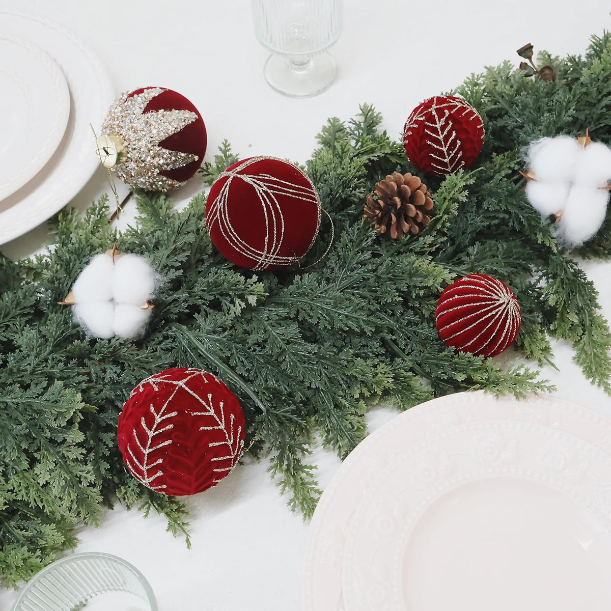 4inch Velvet Ornaments for Christmas Tree, 9PCS Glitter Flocked Christmas Ornaments Decorations Balls Set Decor Red