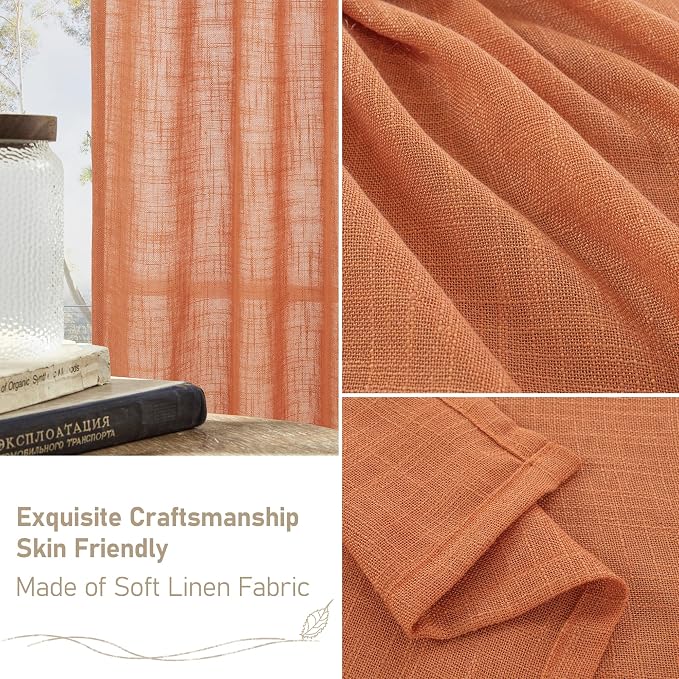 Burnt Orange Sheer Linen Curtains, Light Filtering Drapes 2 Panels | 80 inch - Image 6