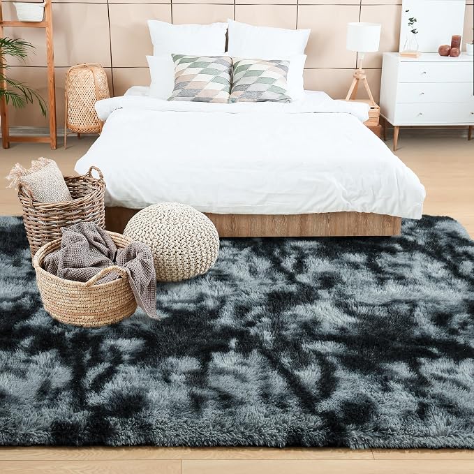 Noahas 4x6 Tie-Dyed Black and Grey Fluffy Area Rug Non-Slip - Image 3