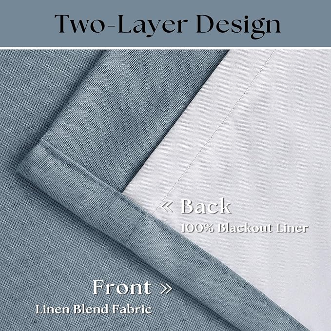 Light Blue Pleated Linen Blackout Curtains 90 Inches Long 2 Panels W40xL90 | - Image 4
