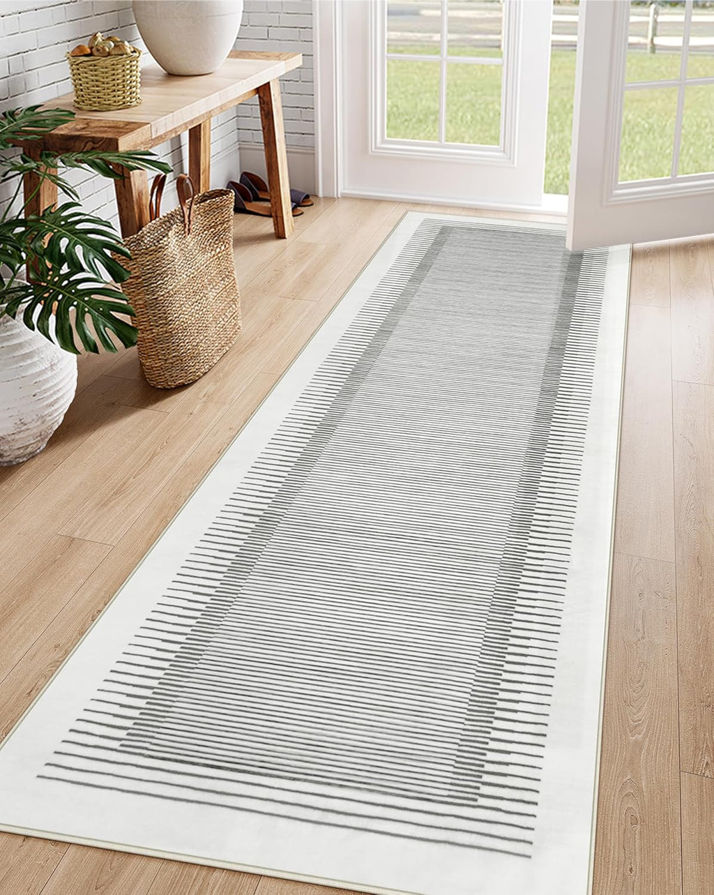 Wonnitar Washable Striped Runner Rug 2'6"x8', Non-Slip Berber Stripe Hallway Runner, Low Pile Minimalist Kitchen Soft Carpet Runner for Bedroom Bathroom Laundry Entryway (Grey, 2'6" x 8')