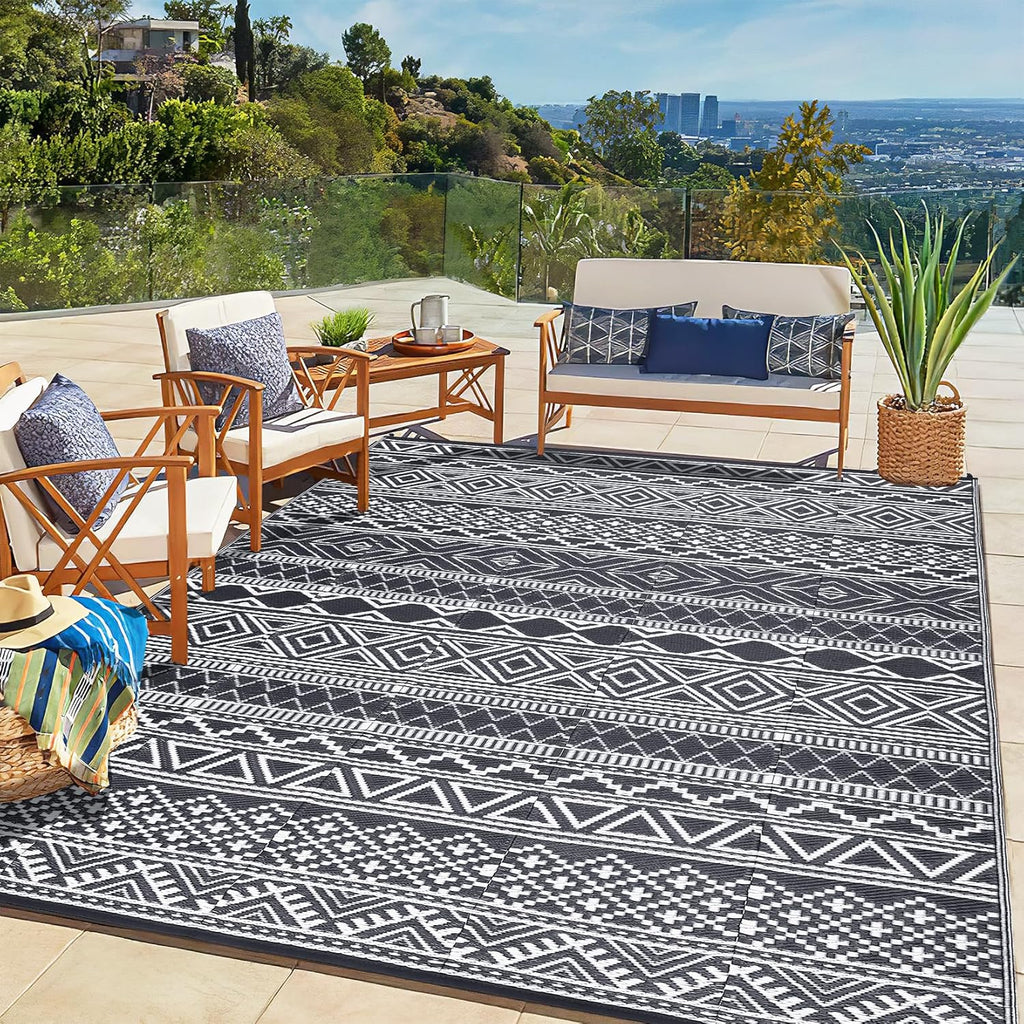 GAOMON Outdoor Rug 9'x12' Waterproof Rug for Patio Decor, Foldable Reversible Plastic Straw Area Rugs Mat for Camper, Outside Carpet for Deck, Porch, Picnic, Beach, Grey/White(Bohemia)