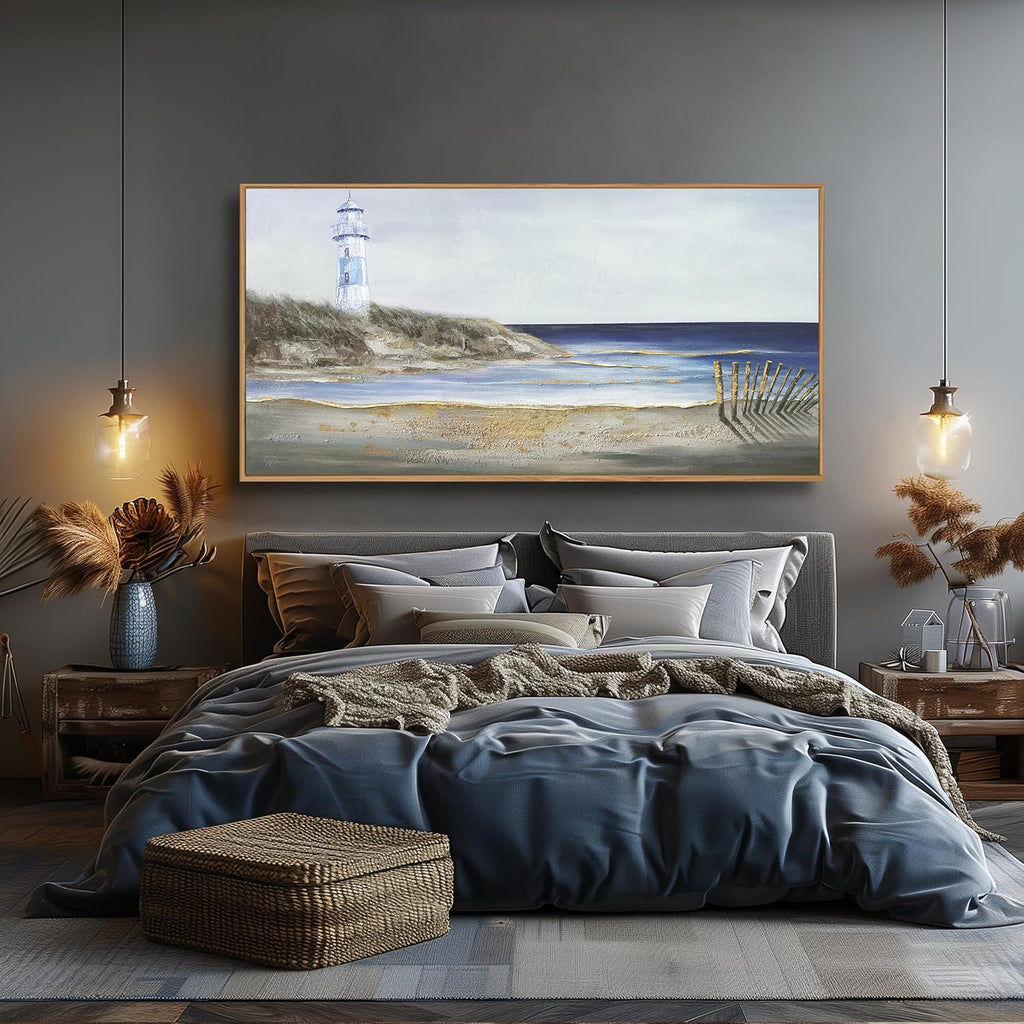 Yuaxker Coastal Wall Art Framed Wall Decor Blue and White Lighthouse Canvas Painting Modern Wall Hanging Artwork for Living Room Bedroom Dining Room Office Home Decor 20x40 Inch