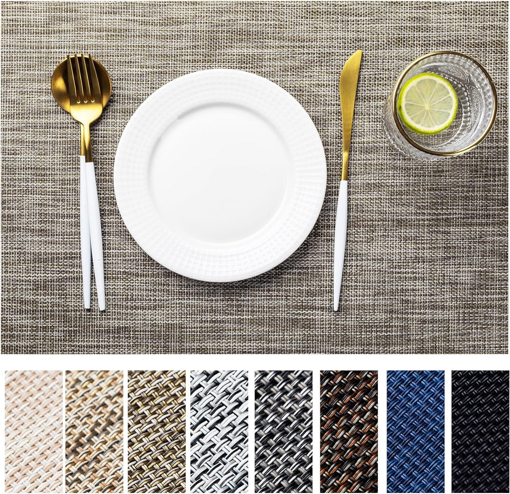 LEXMORE Placemats Set of 8 Vinyl/Plastic Woven Place Mats for Kitchen Table Indoor/Outdoor Washable Placemat Wipeable Dining Table Mats(A-Cappuccino)