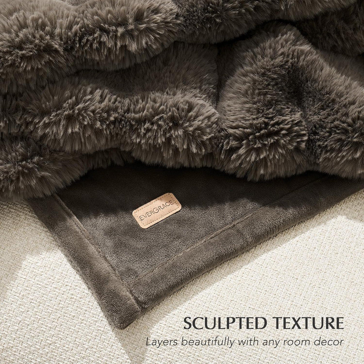 EVERGRACE Ultra Soft Luxury Fluffy Faux Rabbit Fur Throw Blanket, Thick Warm Fuzzy Blankets for Bed, Cozy Plush Reversible Blanket for Couch, Chair, Sofa, Dark Taupe, 50x60 Inches, 870 GSM