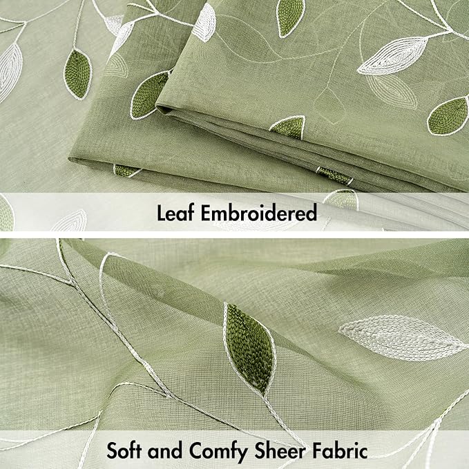 MIULEE Sage Green Sheer Curtains 2 Panels Leaf Patterned, W30 x L30 | - Image 4