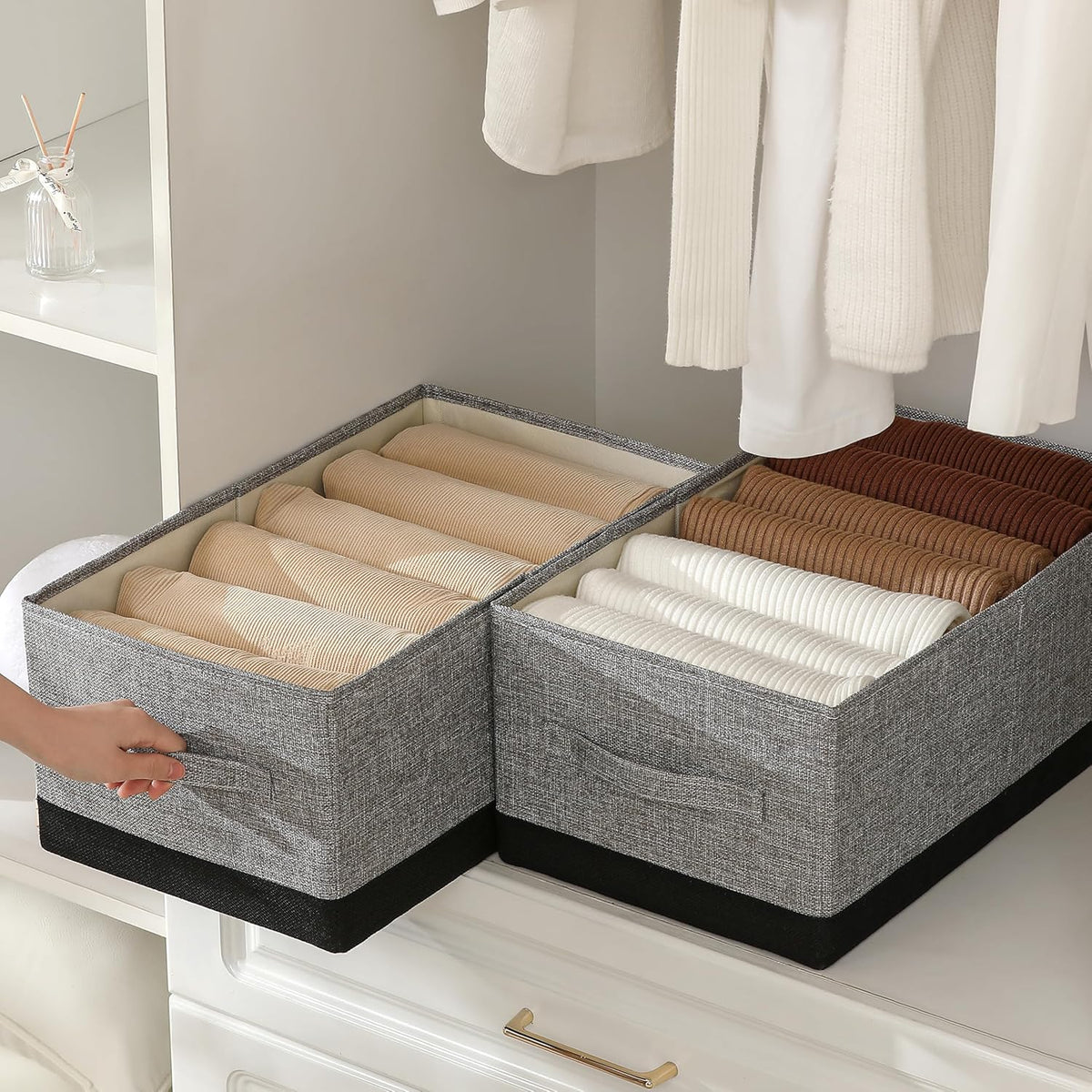 Linen Folding Storage Bins, 3 Pack Large Storage Baskets, Washable, Clothing Storage Bins with Handle, Closet Organizer for Storage Sweater,Sheets (gray black, 18½"x11"x8½")