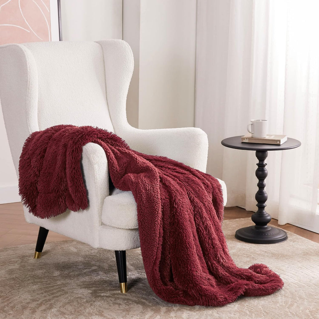 Bedsure GentleSoft Fuzzy Sherpa Faux Fur Twin Blanket Burgundy Red Cozy Gifts for Women Men, Soft Fleece Plush Warm Minky Thick Blanket Twin Size for Bed, Dorm Essentials Red Room Decor Gifts, 60x80