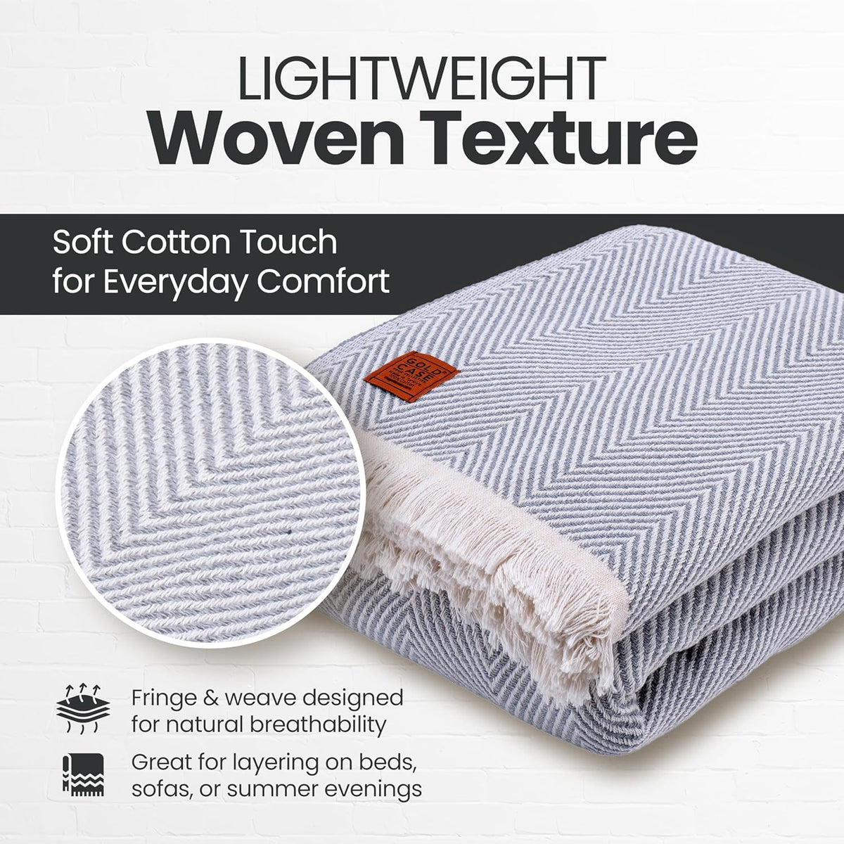 Gold Case Throw Blanket for Bed – 100% Recycled Turkish Cotton Bed Blanket – Decorative Throw Cotton Blankets for Living Room & Bedroom – Woven Twin Blankets - 71x90 - Elegant Grey