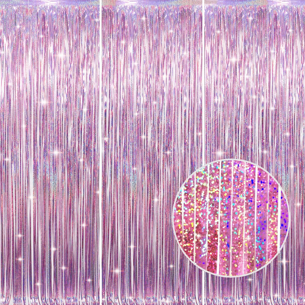 GOER 3.2 ft x 8.2 ft Metallic Tinsel Foil Fringe Curtains Party Photo Backdrop Party Streamers for Birthday,Graduation,New Year Eve Decorations Wedding Decor(3 Packs,Laser Pink)
