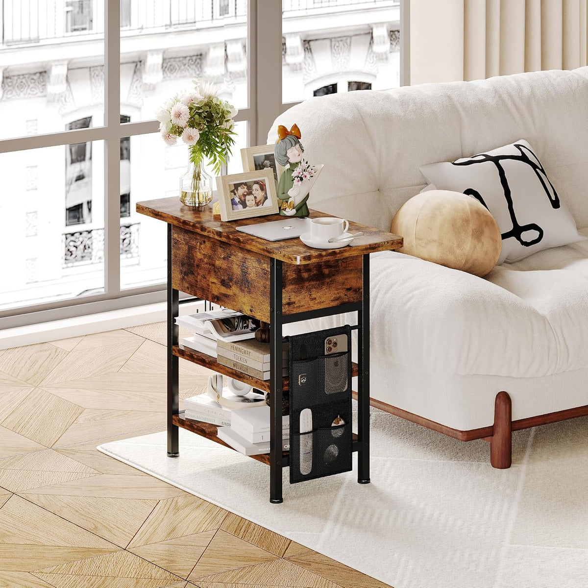 End Table with Charging Station, Flip Top Nightstand with USB Ports and Outlets, Couch Side Table with Fabric Bag and Hooks, Bedside Table for Space Saving, Living Room, Bedroom (Rustic Brown)