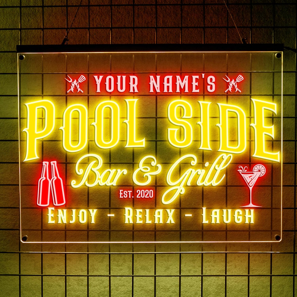 Personalized Pool Side Bar & Grill Neon Sign, Custom LED Wall Light for Backyard, Patio, Outdoor Bar, BBQ Area, Fun Gift for Grill Lovers