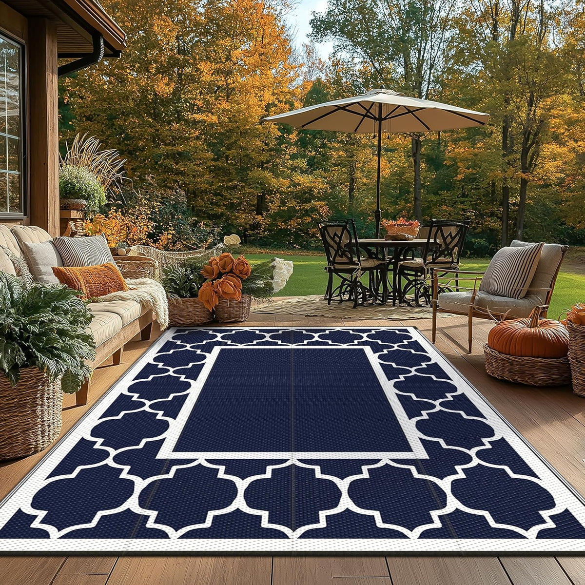 GENIMO 6' x 9' Outdoor Rug Waterproof for Patio Fall Decor, Foldable Reversible Plastic Straw Area Rugs Mat for Camper, Outside Carpet for Rv, Deck, Porch, Picnic, Beach, Balcony, Blue & Grey