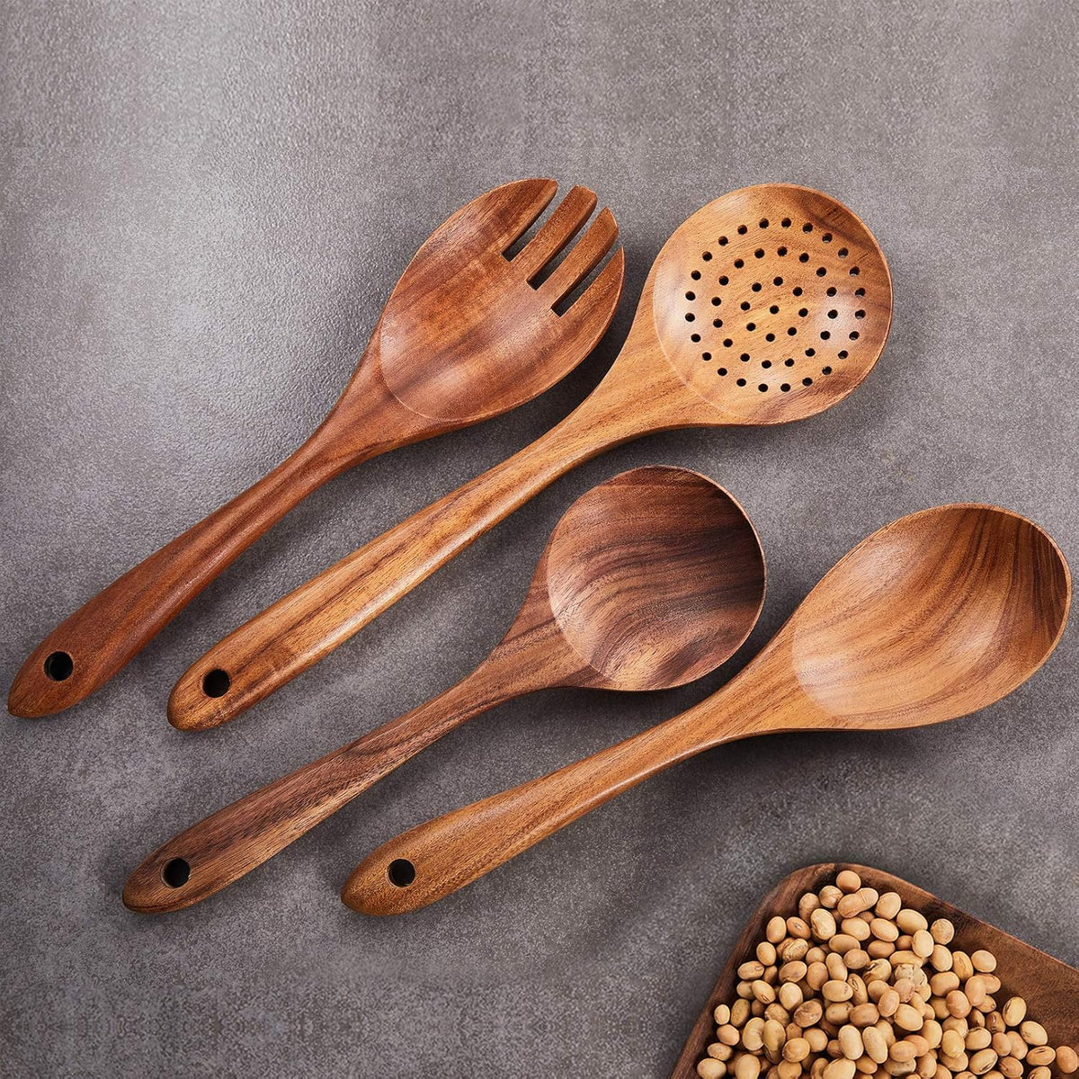 Wooden Kitchen Utensils Set,GUDAMAYE 6 PCE Wooden Spoons for Cooking,Wooden Cooking Utensils,Natural Teak Wooden Spoons For Non-stick Pan