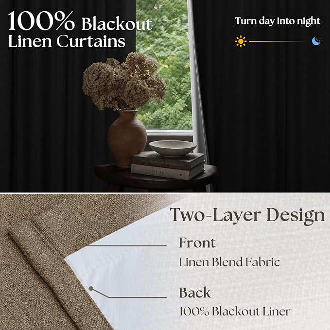 Latte 105 Inch Linen 100% Light Blocking Curtains Drapes 2 Panels Set | Pinch - Image 7