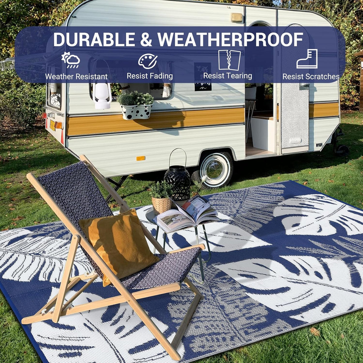 GAOMON Large Outdoor Plastic Rug 10x14 Waterproof Straw Rug Reversible Foldable Camping Mat with Stakes & Bag, Modern Tropical Leaf Farmhouse Outside Carpet for Patio RV Garden Deck, Blue