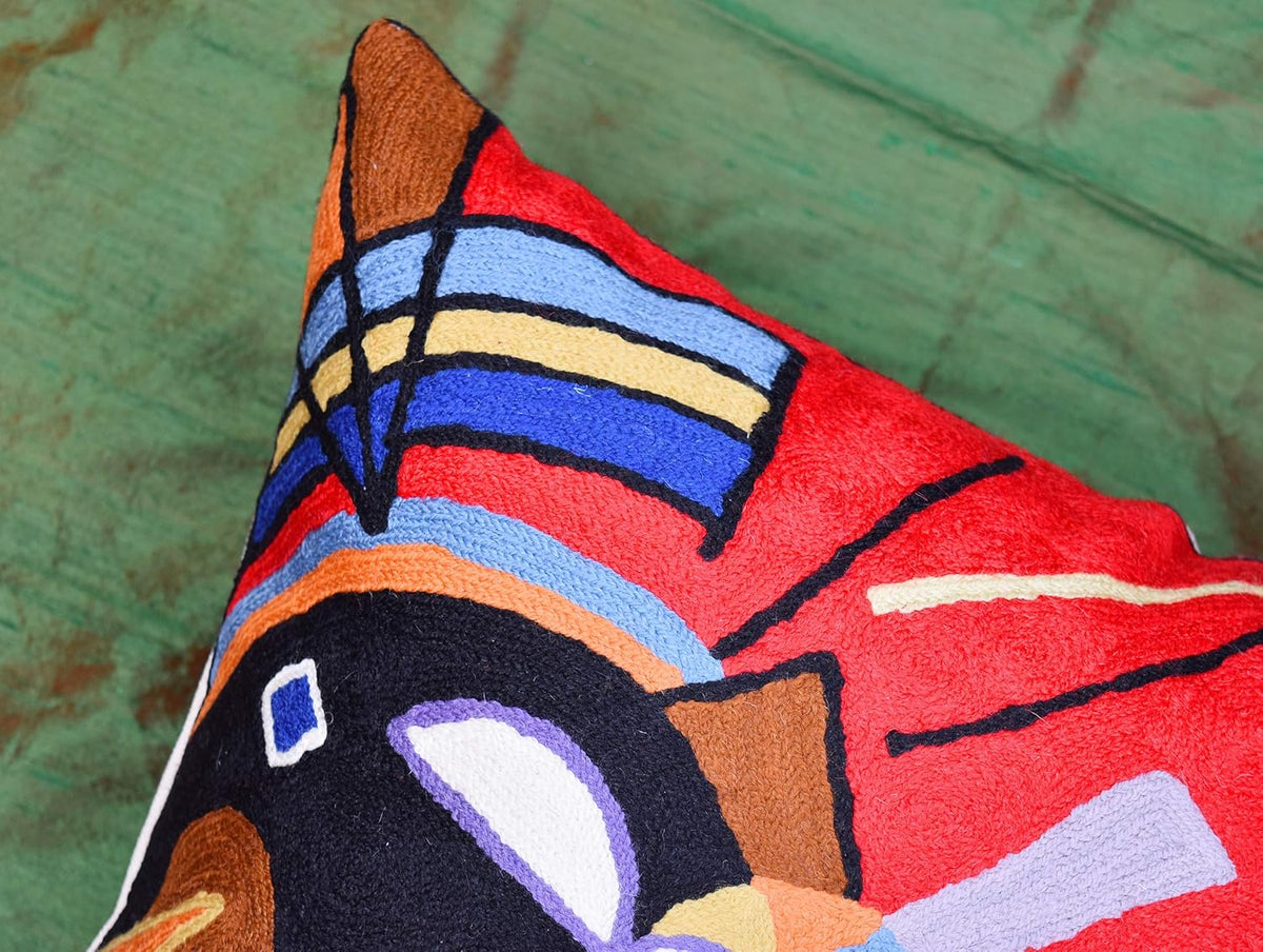 Kandinsky Contemporary Throw Pillow Cover - Bright | Red Modern Pillow Cases | Abstract Accent Pillows | Contemporary Couch Cushions | Hand Embroidered Cushion | Wool Size 18x18
