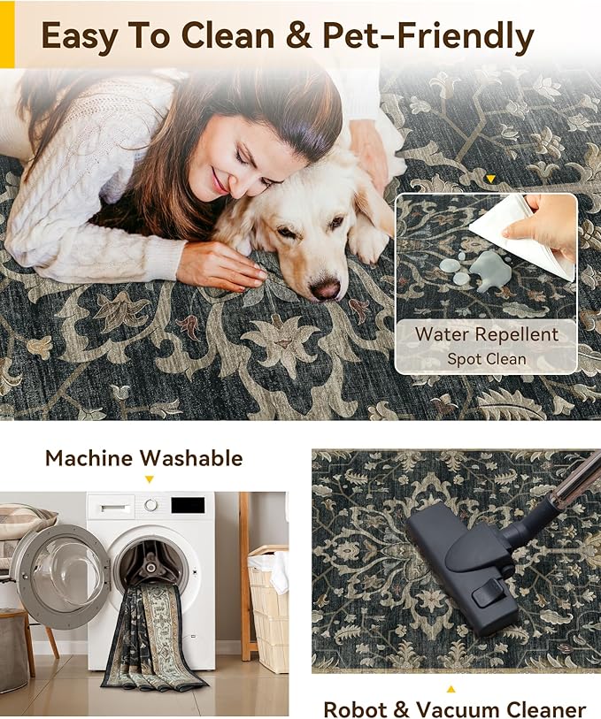 RELEANY Washable Area Rug, Water Repellent, Pet Friendly, Vintage Floral Boho - Image 5