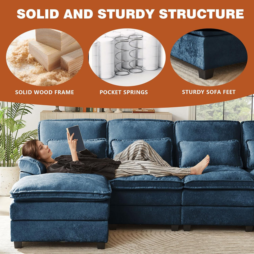 113" Oversized Cloud Couch, U Shape Sectional 4 Seat Sofa with Double Chaises, 2 Layer Cusions, Deep Seat Comfy Sofa, Upholstery Chenille Fabric for Living Room, Blue
