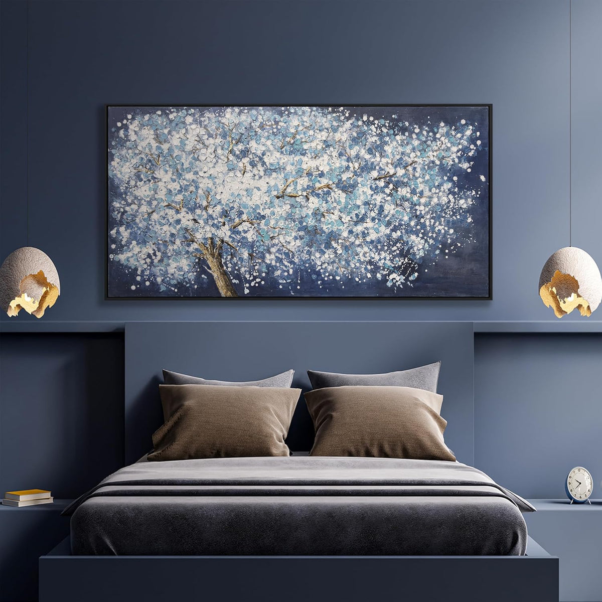 Modern Wall Art Nature Art Canvas Artwork Wall Decor Painting Dark Blue And White Abstract Tree Plants With Framed For Bedroom Living Room Dining Room Home Office Modern Abstract Artwork 24"×48"