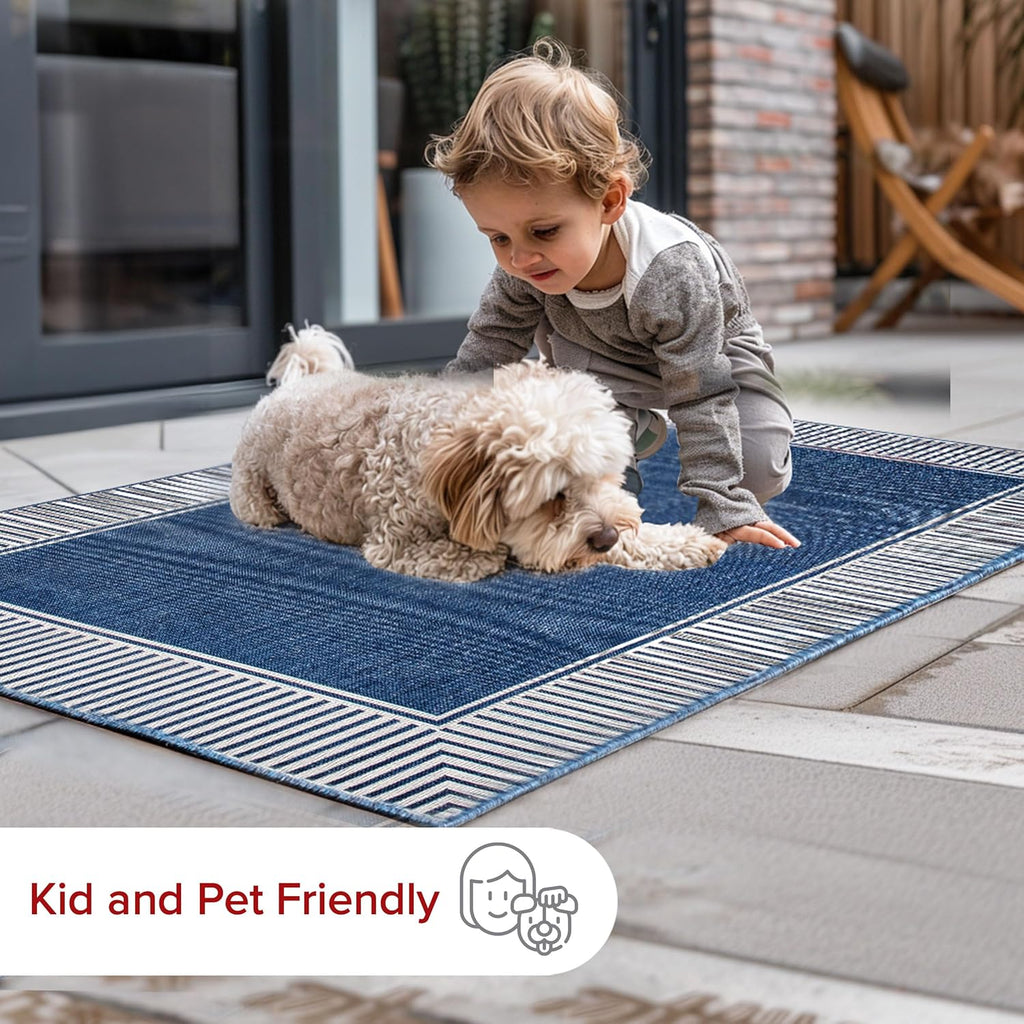 nuLOOM 10' x 12' Outdoor Area Rug, Casual Design With Striped Border, Stain Resistant, Highly Durable, For Patio, Balcony, Bedroom, Living Room, Dining Room, Bathroom, Navy