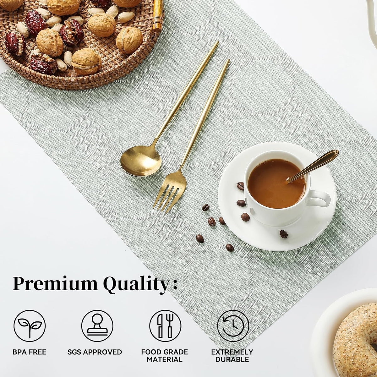 Leetaltree Mint Cream Placemats Set of 8 - Heat Resistant Non-Slip Place mats for Dining Table, Washable Durable PVC Vinyl Woven Table Mats（Mint Cream, 8）