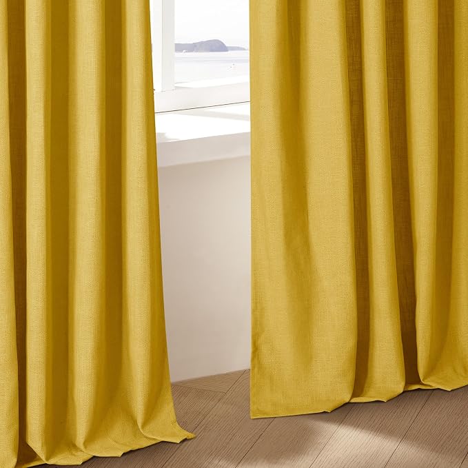 Mustard Yellow Pleated Semi Sheer Linen Curtains 96 Inches Long 2 Panel Set | - Image 9