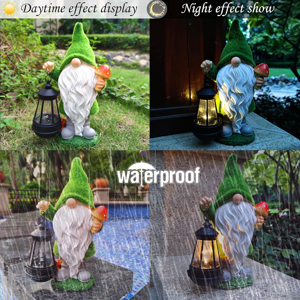 Solar Gnomes Garden Statues,Resin Gnome Figurine Holding Mushroom and Solar Lights Lantern,Outdoor Yard Art Decorations for Garden Patio Lawn