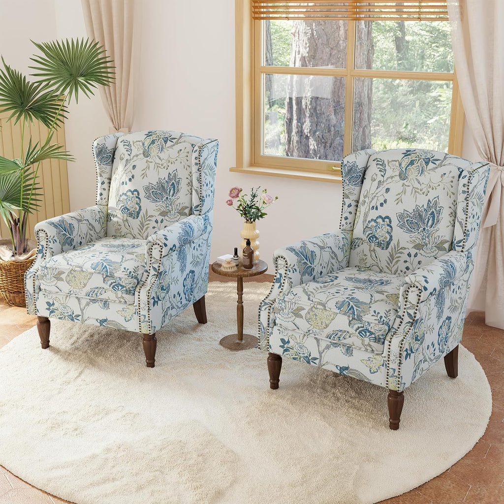 Lumibee Wingback Accent Chair, 2 Set High Back Floral Armchairs in Fabric,Comfy Upholstered Reading Single Sofa Chairs with Solid Wood Legs for Living Room,Bedroom,Office-Plants Blue