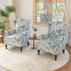 Lumibee Wingback Accent Chair, 2 Set High Back Floral Armchairs in Fabric,Comfy Upholstered Reading Single Sofa Chairs with Solid Wood Legs for Living Room,Bedroom,Office-Plants Blue