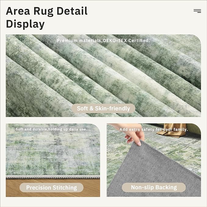 Soalmost Abstract Rug 8x10 Large Living Room Area Rugs Washable Green/Ivory | - Image 6