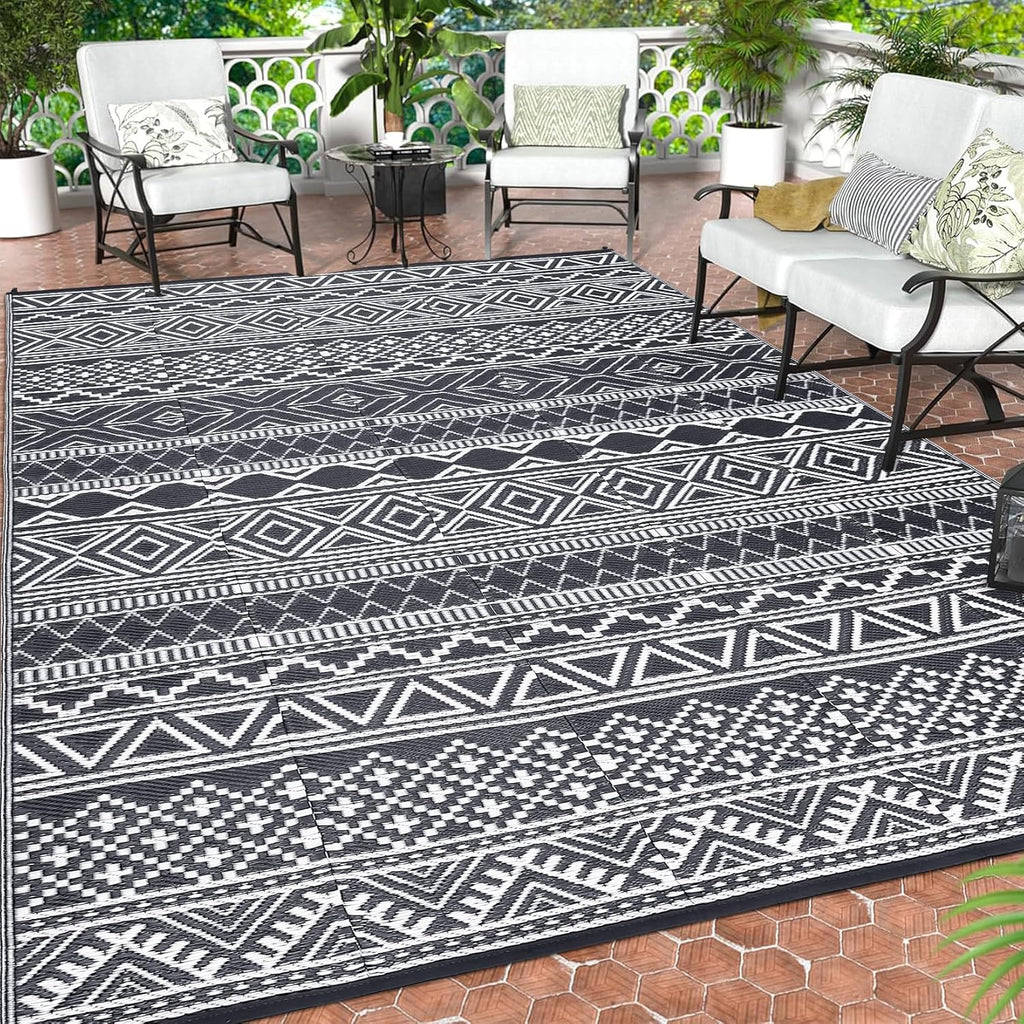 GAOMON Outdoor Rug 9'x12' Waterproof Rug for Patio Decor, Foldable Reversible Plastic Straw Area Rugs Mat for Camper, Outside Carpet for Deck, Porch, Picnic, Beach, Grey/White(Bohemia)