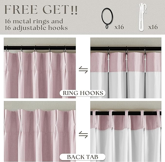 Light Pink Pinch Pleated Blackout Linen 80 Inch Window Curtains 2 Panels | 100% - Image 6