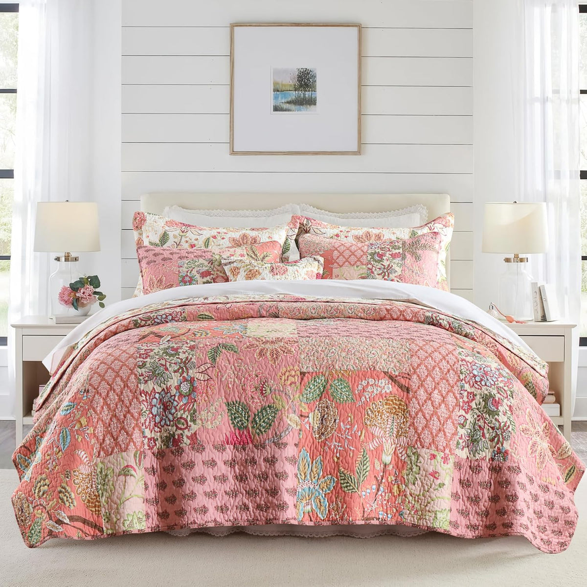 NEWLAKE Cotton Patchwork Bedspread, 3-Piece Bedding Quilt Set with Real Stitched Embroidery, Reversible Matelasse Bed Coverlet Set,Bohemian Floral,California King Size