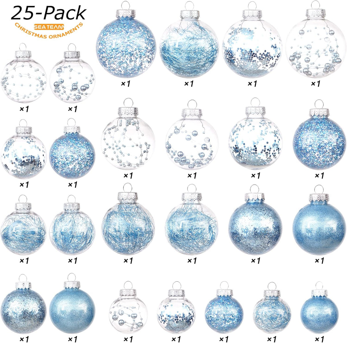Sea Team Christmas Baubles Set Clear Plastic Shatterproof Multi-Size Decorative Christmas Baubles with Stuffed Delicate Decorations (25 Pieces, Babyblue)