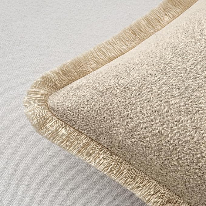MIULEE Boho Linen Fringe Decorative Euro Throw Pillow Covers Beige 24x24 | Set - Image 3