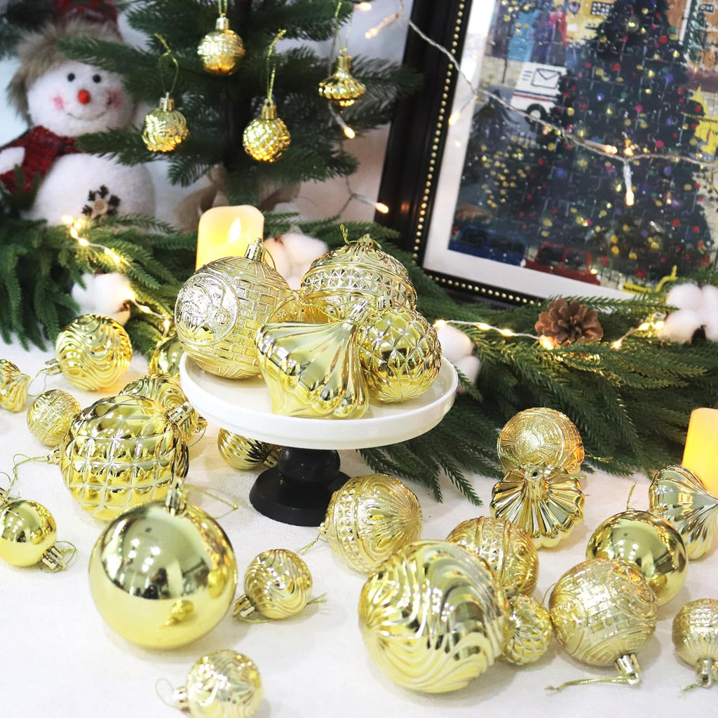 Christmas Ornaments Set with 36pcs Shatterproof Christmas Tree Decorations Multi-Size Christmas Ball Ornaments with 7 Styles Gold