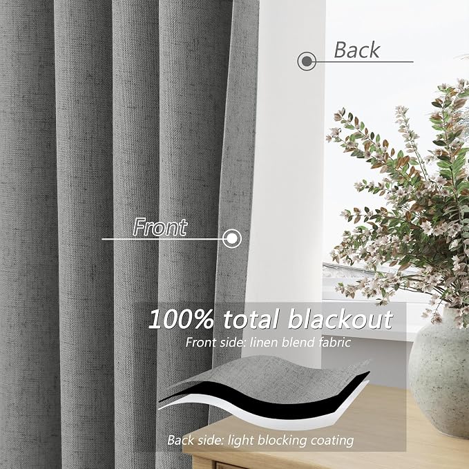 100% Blackout Linen Curtains 100 Inch Length 2 Panels Set - Image 4