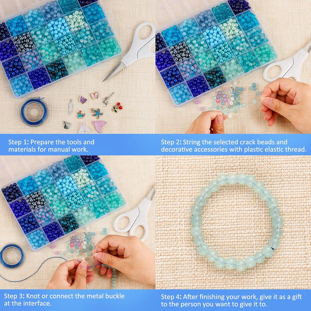 XSEINO About 1200PCS 6mm Glass Beads Bracelet Making Kit,24 Assorted Dreamy Blue Ocean Series Colorful Crystal Beads for Bracelet and Jewelry Making and DIY Crafts,Friendship Bracelets