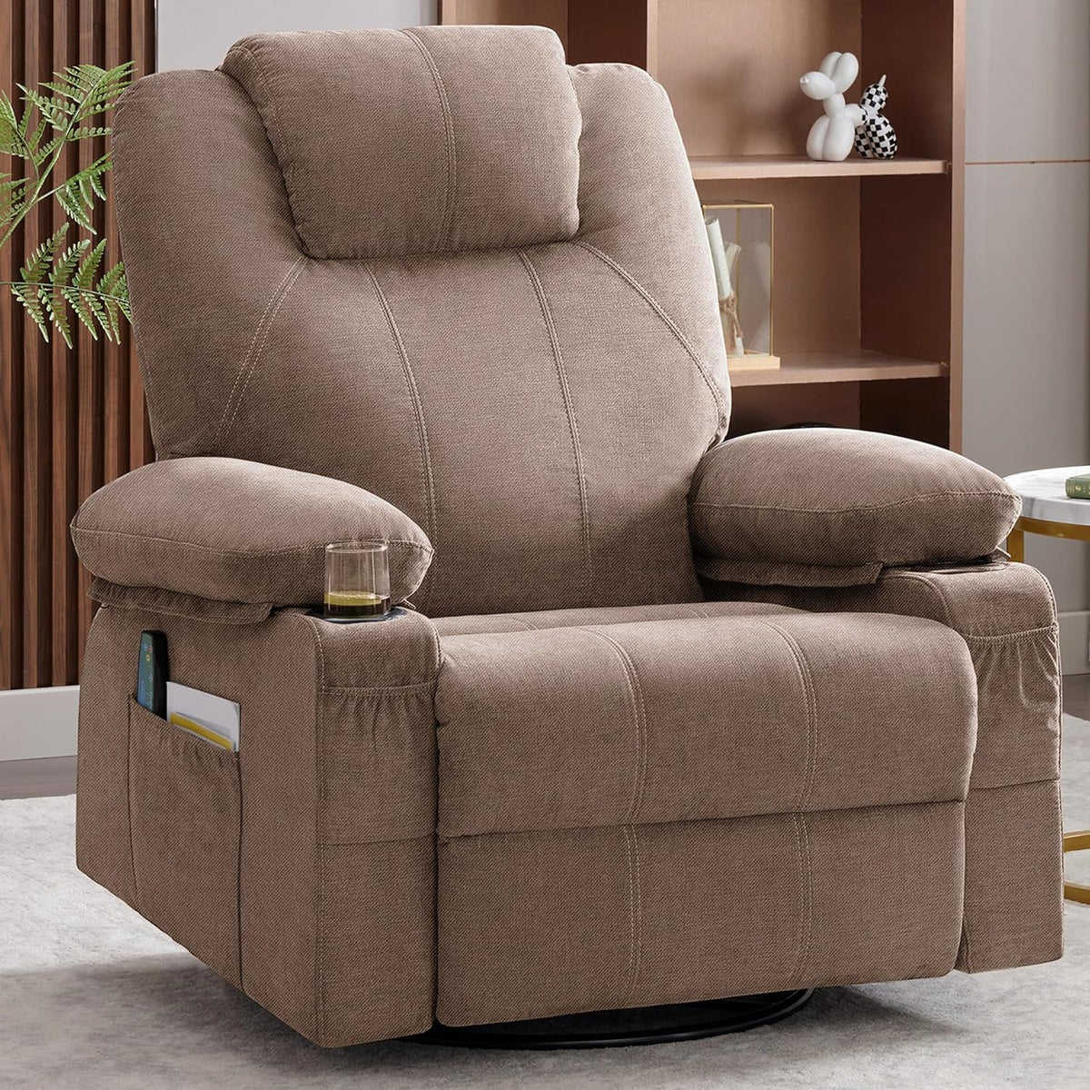 Swivel Rocker Recliner Chair with Heat and Massage, 360 Degree Swivel Rocking Single Sofa with Cup Holders and USB Port, Big Oversized Recliner Chair for Living Room (Fabric, Brown)