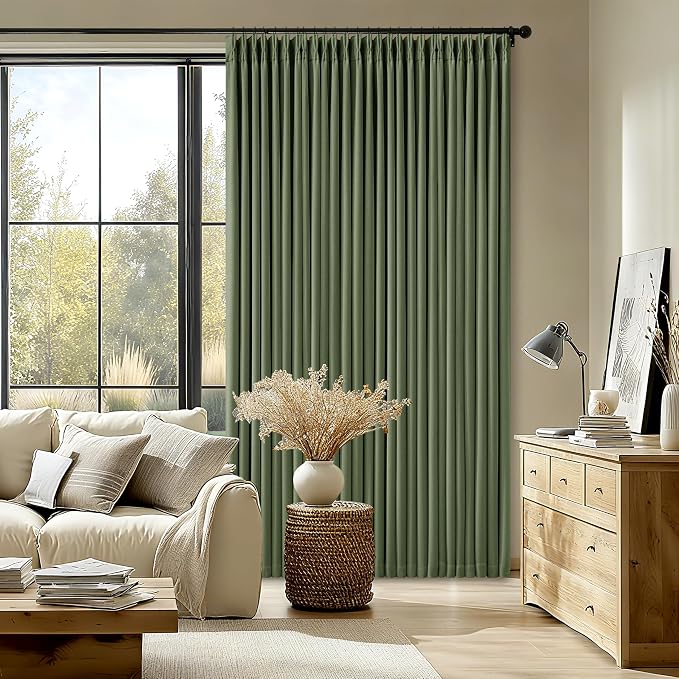 90 Inch Olive Green Linen Pinch Pleated Blackout Curtains - Image 8